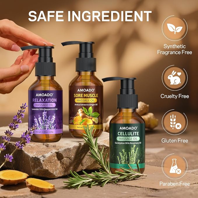 Massage Oil for Massage Therapy, Arnica & Ginger Oil, Lavender & Mint Oil, Eucalyptus & Rosemary Essential Oils, Sore Muscle Relief, Anti Cellulite, Relaxation, Body Massage Oils Spa Gift Set, 10.5oz