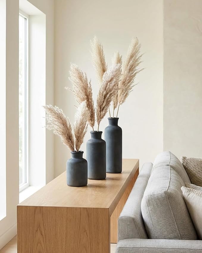Black Ceramic Vase Set of 3, Vintage Brushed Gold Effect for Home Decor | Matte rustic flower vases for living rooms, dining tables, mantels and centerpieces