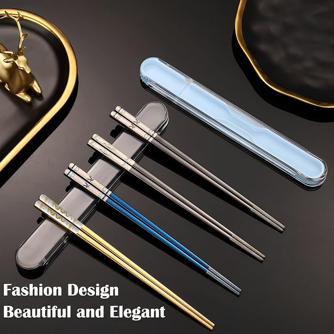 Chopsticks Reusable Metal Stainless Steel, Golden Dragon Black Phoenix | Titanium Plated, With Case, Dishwasher Safe, For School Home Office Outdoor Bento Box