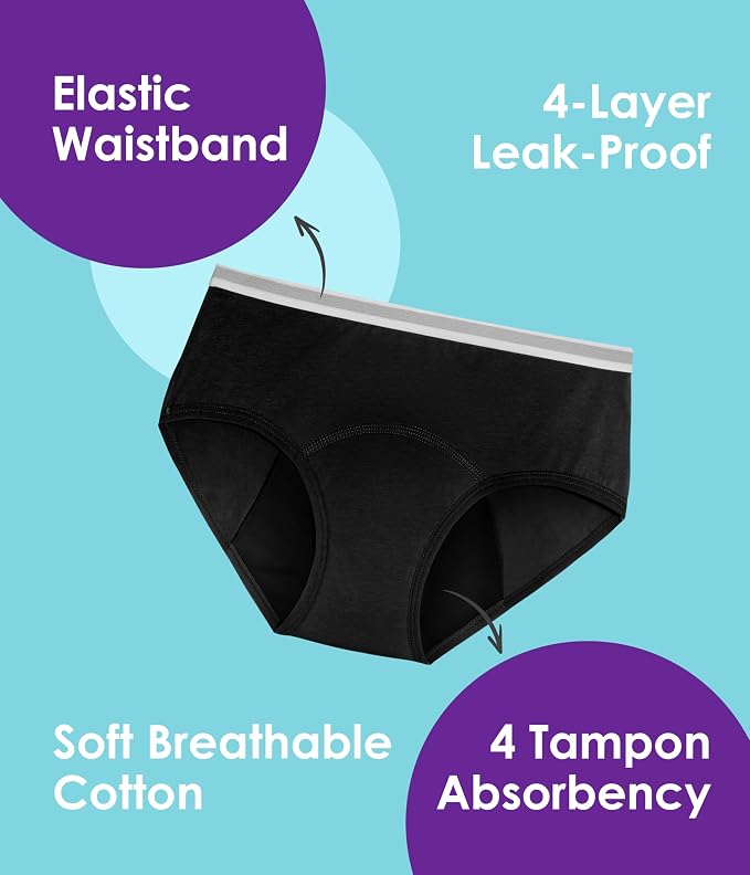 YESWEL Teen Girls Period Underwear, Menstrual Leak-Proof Heavy Flow Absorbency Washable Protective Cotton Panties 4 Pack