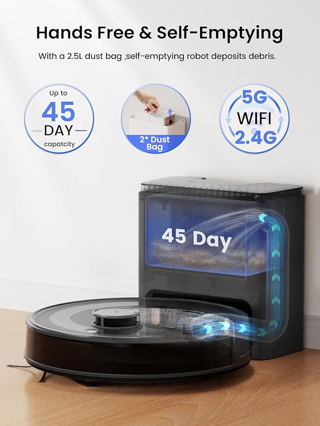 Lefant LiDAR Robot Vacuum and Mop, 45-Day Self-Emptying, 6000Pa Robotic Vacuum Cleaner with Carpet Detection, 190° PSD Obstacle Avoidance, Multi-Floor Mapping, WiFi/Alexa/APP/iWatch, M2 Plus, Black