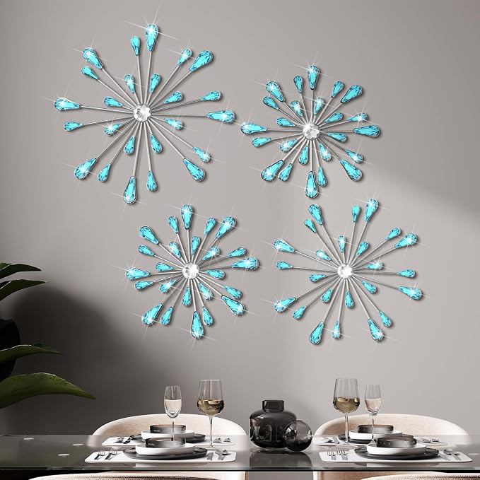 Hicarer 4 Pcs Starburst Wall Decor Bling Wall Art Crystal Teardrop 3D Hanging Rhinestone Radial Metal Artwork Modern Accent Sculptures Decorations for Living Room Home Office Bedroom(Blue)