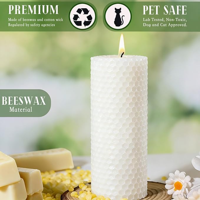 4 Pack Beeswax Pillar Candles, Pure Natural White Beeswax Pillar Candles-80 Hours Long Burning,Organic Unscented Bees Wax Candles for Home,Paryer, Dripless & Smokeless, 2x5in