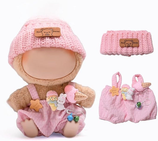 17 cm Doll Clothes (No Doll) - Premium Doll Clothing & Accessories, Pink Back Dress Set - Knit Hat + Hair Clip + Plush Back Pants(Style A)