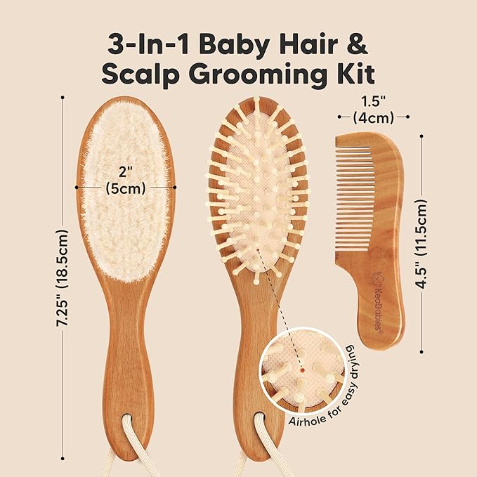 Wooden Baby Hair Brush Set for Newborns, Toddlers -Soft Goat Bristle Baby Brush and Comb Set Newborn Grooming Kit for Cradle Cap Care,Durable & Gentle, Boy,Girl Infant Essentials(Regular, Golden Oak)