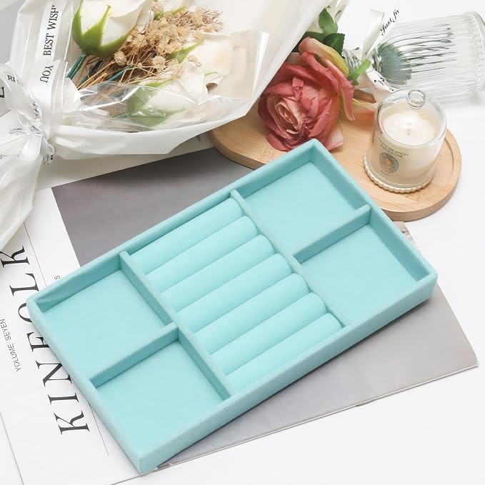 Velvet Jewelry Trays for Drawers, Blue 3-in-1 | Stackable Jewelry Drawer Organizer, Ring Earring Necklace Bracelet Holder Organizer Storage Tray with Removable Dividers