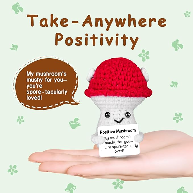 Emotional Support Crochet, Positive Crochet Mushroom, Encouragement Gifts for Women Men Birthday Christmas Self Care Friends Coworkers Relaxation Gift Desk Home Fall Decor Inspirational Support