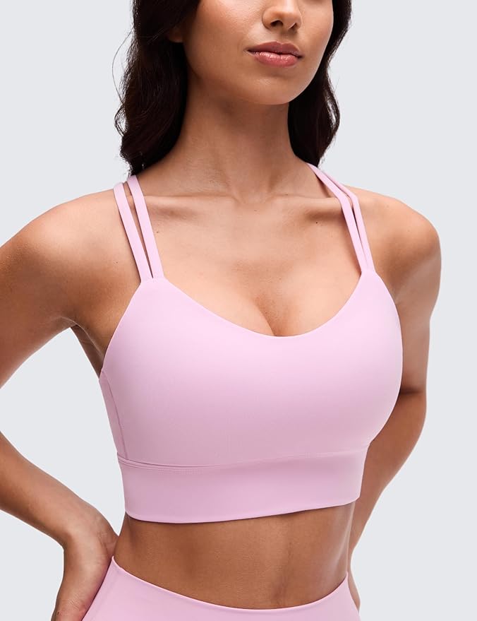 CRZ YOGA Softness Mold Butterluxe Strappy Longline Sports Bras for Women - Double Spaghetti Strap Workout Yoga Crop Top