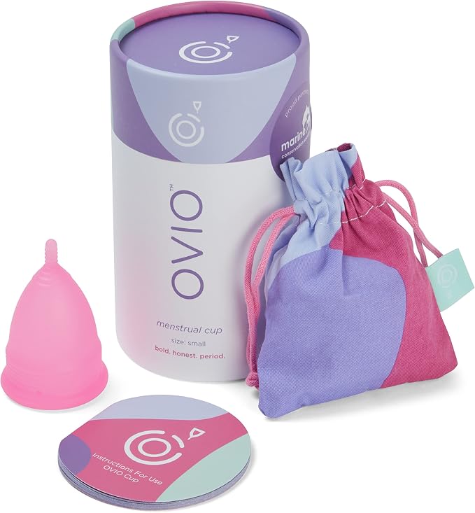 OVIO Menstrual Cup - Reusable Soft and Flexible 100% Medical Grade Silicone Cup with Travel Pouch - Leak Free and Reliable with Size Replacement Guarantee