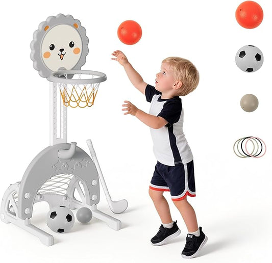 4-in-1 Toddler Basketball Hoop Adjustable Height Indoor Outdoor Sports Center for Kids Aged 1-3 Basketball, Soccer, Hockey & Ring Toss, Grey and White