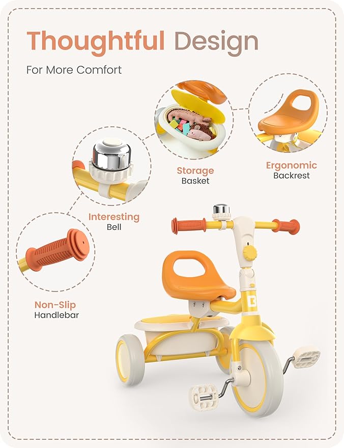 besrey Toddler Tricycle with Bell, Kids Tricycle Age 18 Months to 5 Years, Kids Trike, Toddler Bike for 1.5-5 Year Olds, Baby Trike, Gifts & Toys for Boys & Girls, Yellow | with Bell, Toddler Bike, for 1.5-5 Year Olds, Baby Trike, Gifts & Toys