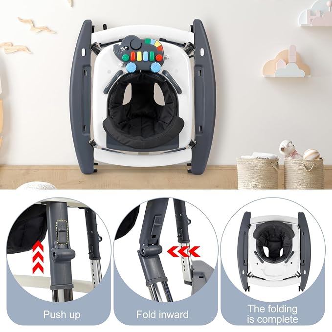 5-in-1 Baby Walker for Boys and Girls Music and Lights 6-18 Month, Foldable Baby Walkers with 5 Adjustable Heights, Infant Toddler Walker with Wheels and Combo Portable（Dark Gray）