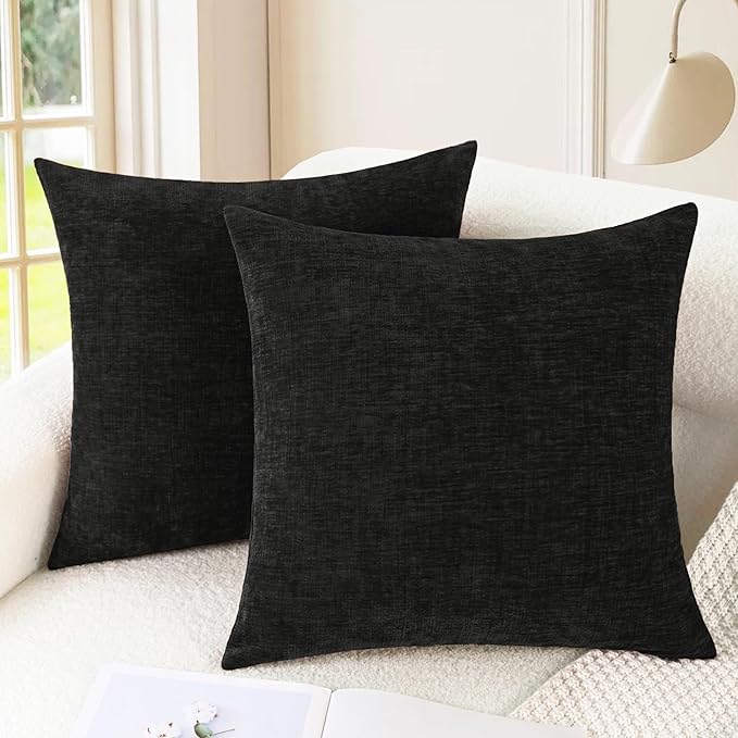 CaliTime Decorative Couch Throw Pillow Covers 22 X 22 Inches Black | Pack of 2, Cozy Chenille Cushion Cases for Sofa Bed Living Room Farmhouse Home