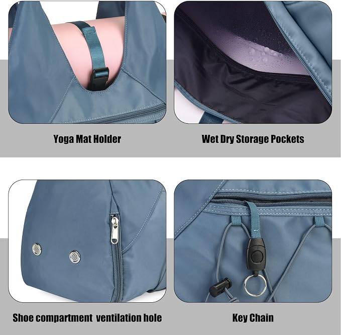 Forestfish Gym Bag For Women With Yoga Mat Holder & Shoe Compartment & Wet Dry Storage Pocket & Adjustable Strap