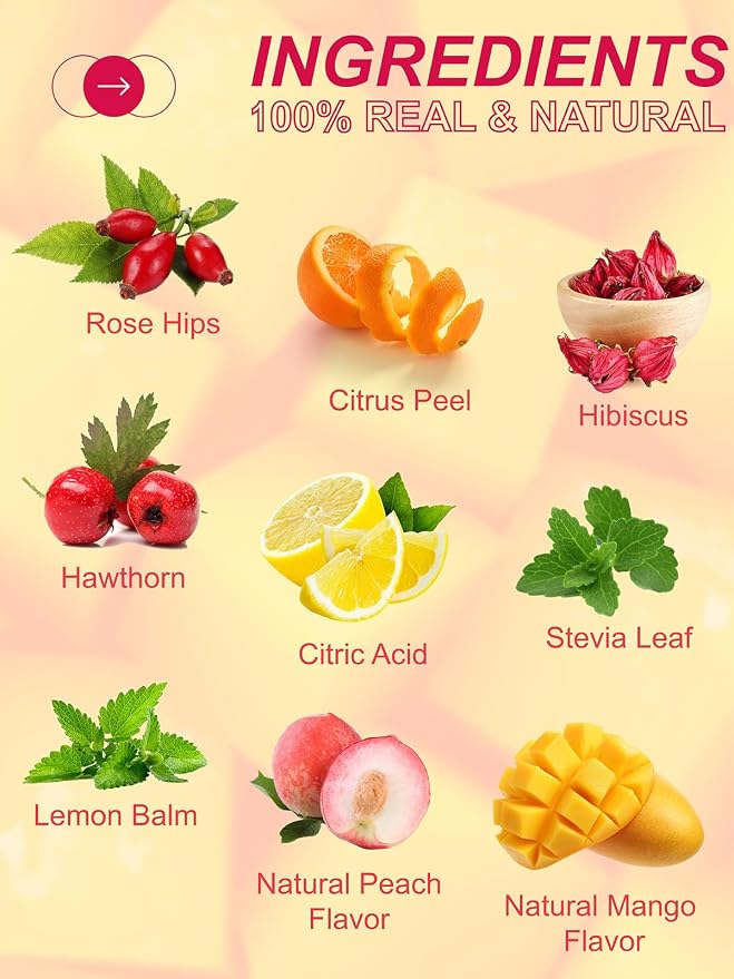 TeeLux Mango Peach Iced Tea, Rosehips Tea with Hibiscus & Chamomile & Lemon Balm, Refreshing Tart & Sweet Taste, Caffeine Free, 100 Count