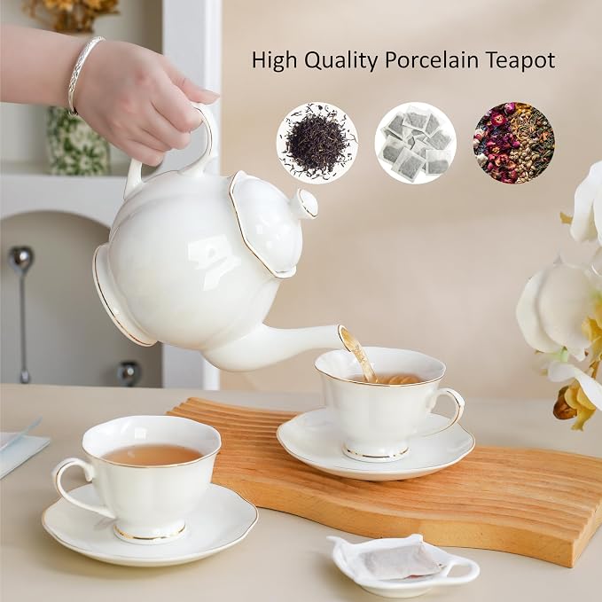 34oz White Porcelain Teapot with Gold Trim, Classic Ceramic Teapot for Loose Leaf Tea & Tea Bags, Elegant Teapot for Daily Use or Gifts