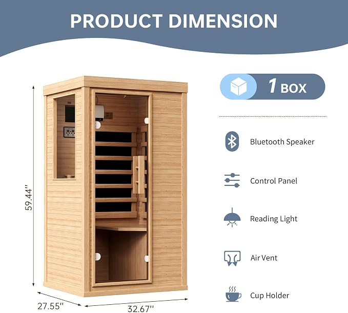 Wood Infrared Sauna, 1 Person Traditional Home Sauna, Canadian Hemlock Indoor Dry Sauna Spa Room for Low EMF with Bluetooth Speakers and Control Panel, 32.67"x 27.55"x 59.44"