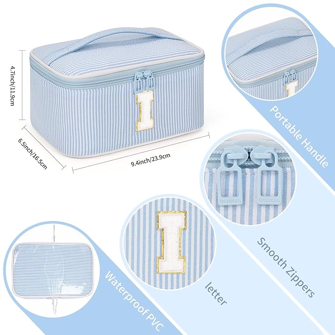 OCHEAL Makeup Bag Valentines Day Gifts for Women, Monogram Cosmetic Bag Blue Travel Makeup Case Beauty Toiletry Bag Organizer Personalized Gifts for Girls Bridesmaid, Sister, Wife, Friends Initial I