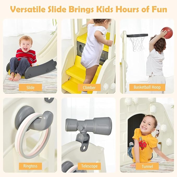 Generic FUTADA 6 in 1 Toddler Slide, Indoor & Outdoor Playground Set with Basketball Hoop, Ring Toss, Telescope, Crawl Through Space, Kids Climber Slide Gift for Indoors Outdoor Boys Girls (Yellow)