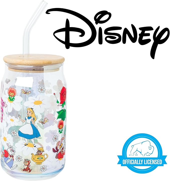 Silver Buffalo Disney Alice in Wonderland Wild Flower Glass Tumbler with Bamboo Lid and Glass Straw Featuring Alice, White Rabbit, Cheshire Cat, Dinah, Dormouse, and March Hare, 16 Ounces