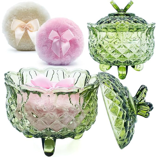 4" Glass Dusting Powder Container with 2 Fluffy Puffs,Cute 3.5" Soft Body Powder Puff and Jar Set(Butterfly-olive green)