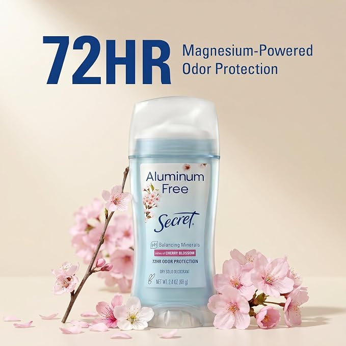 Secret Aluminum Free Deodorant for Women, 48hr Odor Protection, Free of Parabens Dyes Talc & Baking Soda, PH Balancing Minerals, Dry Solid, Cherry Blossom Scent, 2.4 oz (Pack Of 3)