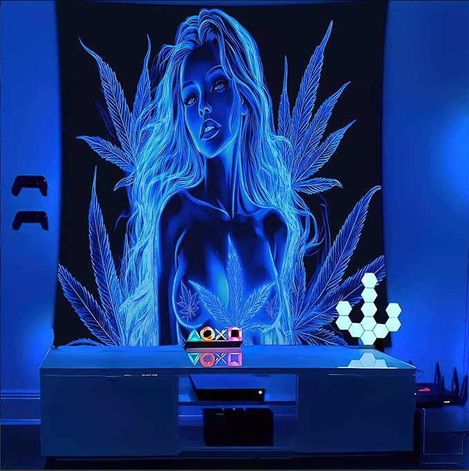 Bcsewcg Uv Glow Blacklight Art, Hot Girl Blue Tapestry for Adults Room, Dorm Wall Decor