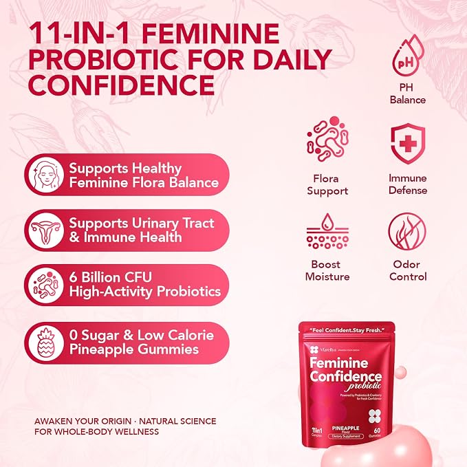 Vaginal Probiotic Gummies for Women - pH Balance, Odor Control, Feminine & Urinary Health - 11-in-1 5 Strains 6 Billion CFU with Cranberry & Prebiotic - Pineapple Flavor, 60 Gummies