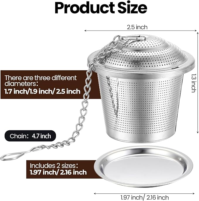 Zopeal 9 Pcs Tea Infuser Stainless Steel Strainer with Extended Chain Hook and Saucer Loose Leaf Steeper Fine Mesh Ball Tea Filter for Brew Spices Seasonings Fits Cup Mug Bottle (3 Sizes)