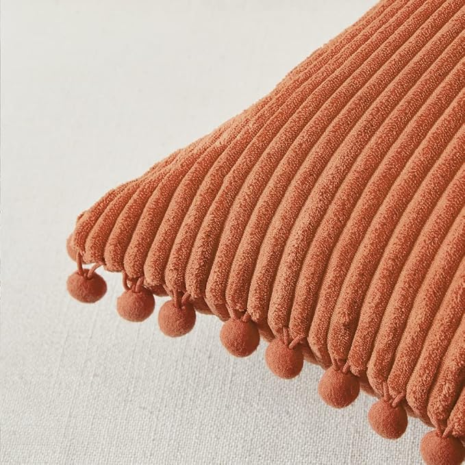 Fancy Homi Pack of 2 Rust Fall Decorative Throw Pillow Covers 16x16 Inch with Pom-poms for Living Room Couch Bedroom, Soft Corduroy Terracotta Solid Square Cushion Case 40x40 cm, Boho Home Decor