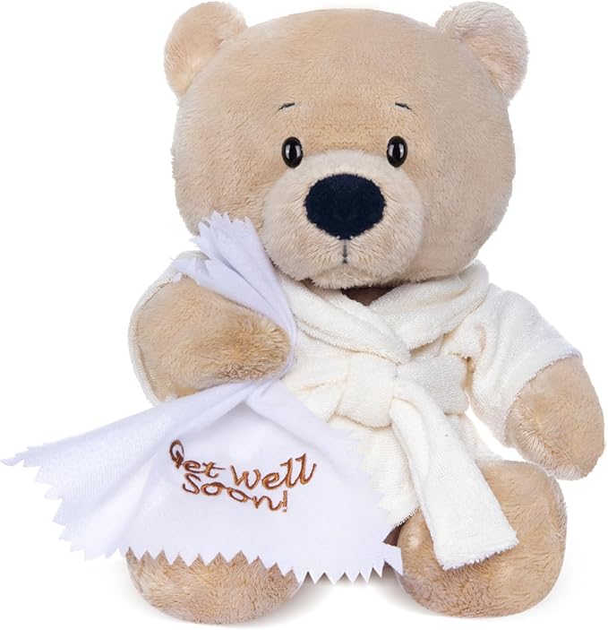 My OLi 9" Teddy Bear Stuffed Animal Plush Toys Soft Bear Dressed in Bathrobe with Soothing Towel “Get Well Soon” Soft Plush Bear Toy Bedtime Gifts for Baby Kids Girls Boys，Beige