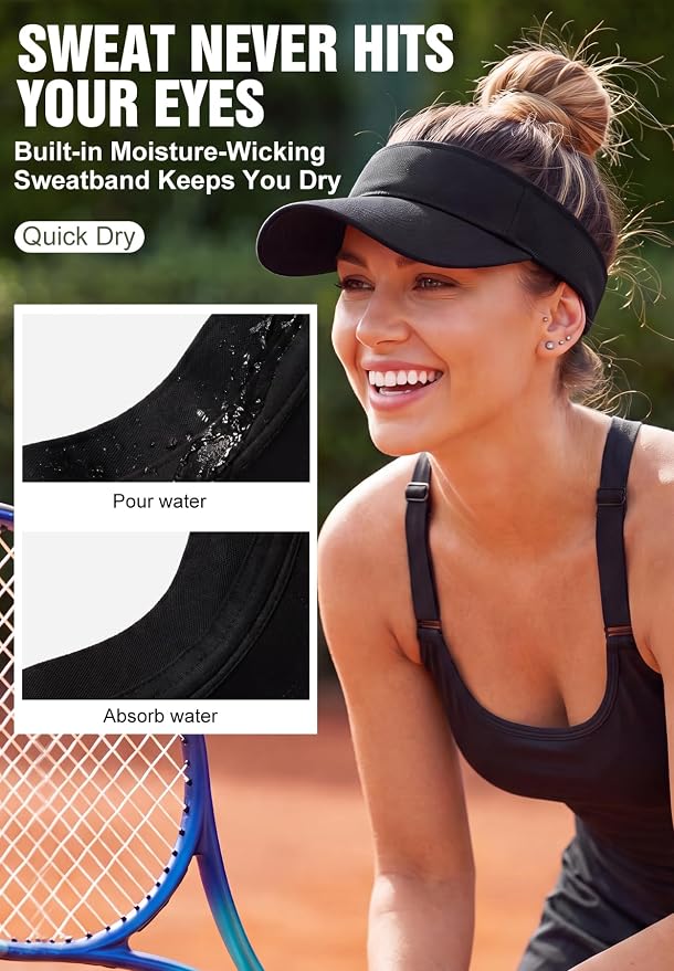 Zando 3.2" Structured Brim Visor Hats for Women, UPF 50+, Golf/Tennis | 3.2"Structured Brim Adds Sun Coverage, Steady View, Quick-dry Sweatband, Open-Top Ponytail Fit, Adjustable Fit & Lightweight