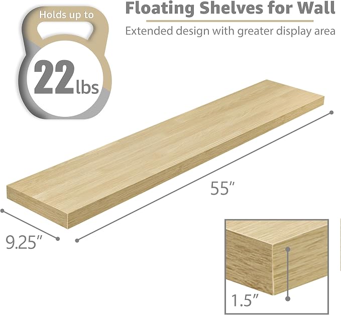 Sorbus Floating Shelves for Wall - 55 Inch Extra-Long Bathroom Shelves, Wall Decor for Bedroom, Kitchen, Living Room, Book Storage - Mounted Floating Shelf with Hidden Brackets (Maple Wood, 3 Pack)