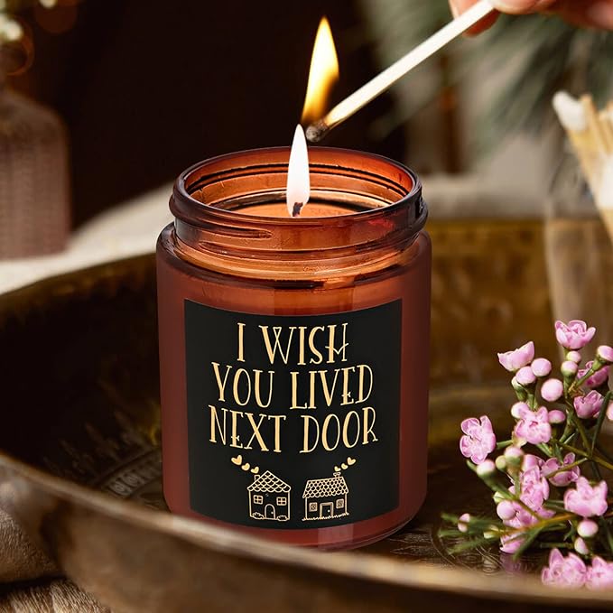 Gifts for Women Men - I Wish You Lived Next Door Candle for Her Best Friend Coworker Sister - Cute Birthday Friendship House Warming Gift - Sandalwood Amber Scented Candle for Relaxation