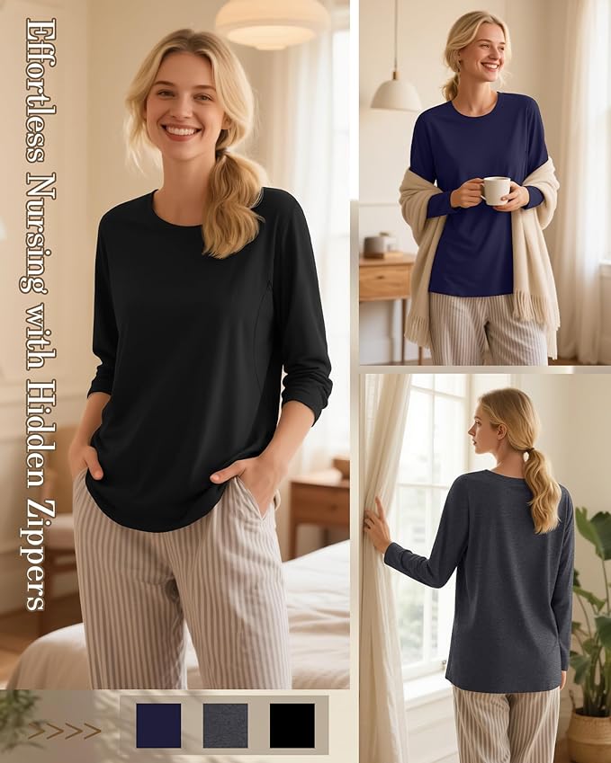 3 Pack Nursing Tops for Breastfeeding Maternity Shirts Zipper Long Sleeve Round Neck Knit Casual Nursing Clothes