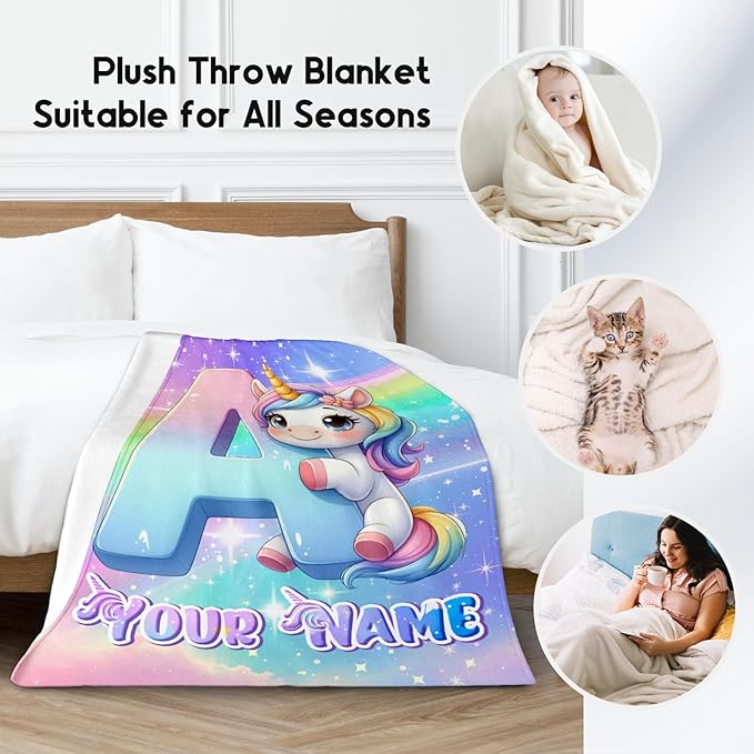 Personalized Blankets for Girls - Unicorn Blanket Gifts for Kids - Custom Throw with Name for Unicorn Lovers - 60"x80" Cute Throws for Bed, Living Room - Monogram Gift