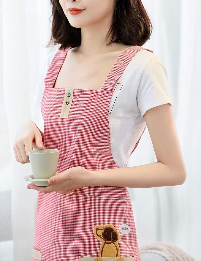 NEWGEM 100% Cotton Cute Gingham Apron with Pockets - Korean Style H-Back Pinafore for Women Baking, Pastry Chef (Pink Doggy)
