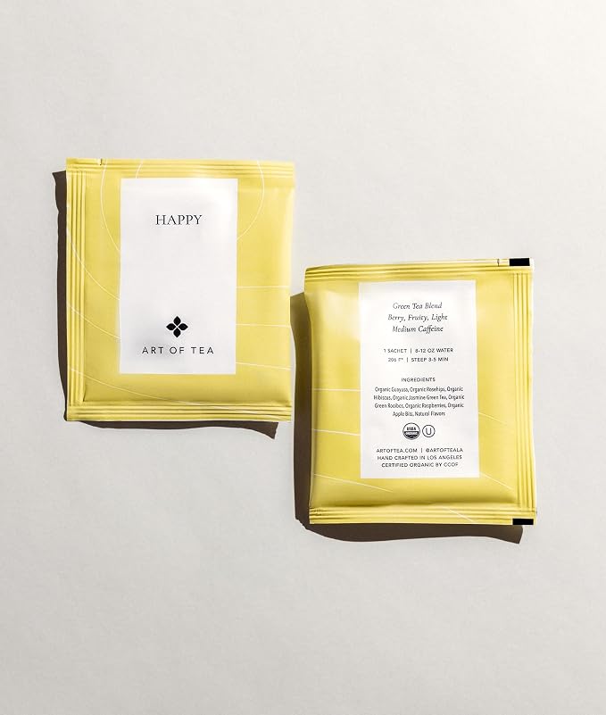 Art of Tea Happy Tea 50 Count Organic Green Tea Bags with Guayusa, Jasmine & Hibiscus, Fruity Energizing Tea Sachets for Energy Boost, Focus & Daily Wellness