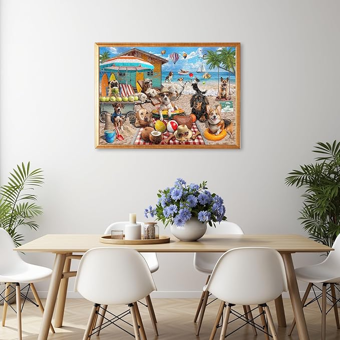 1000 Piece Jigsaw Puzzle for Adults - Dog Days at The Beach, Vacation Scene with Coconut Hut, Hot Air Balloons, and Playful Details, Fun and Challenging Jigsaw by Naturelish, 26.65 x 19.25 in
