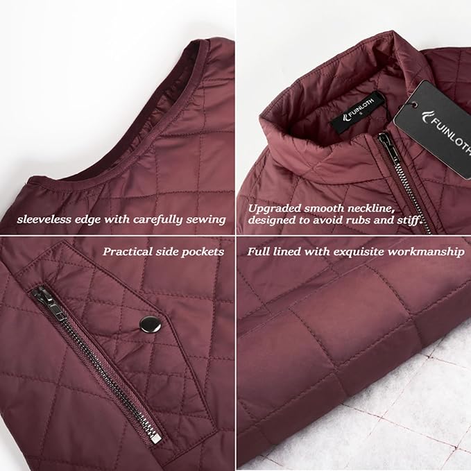 Fuinloth Women's Quilted Vest Lightweight Puffer Stand Collar Zip Gilet | 4 pockets with 2 inner storage. Quilted padded warm gilet. Fall winter outerwear layering vest for travel hiking daily wear.