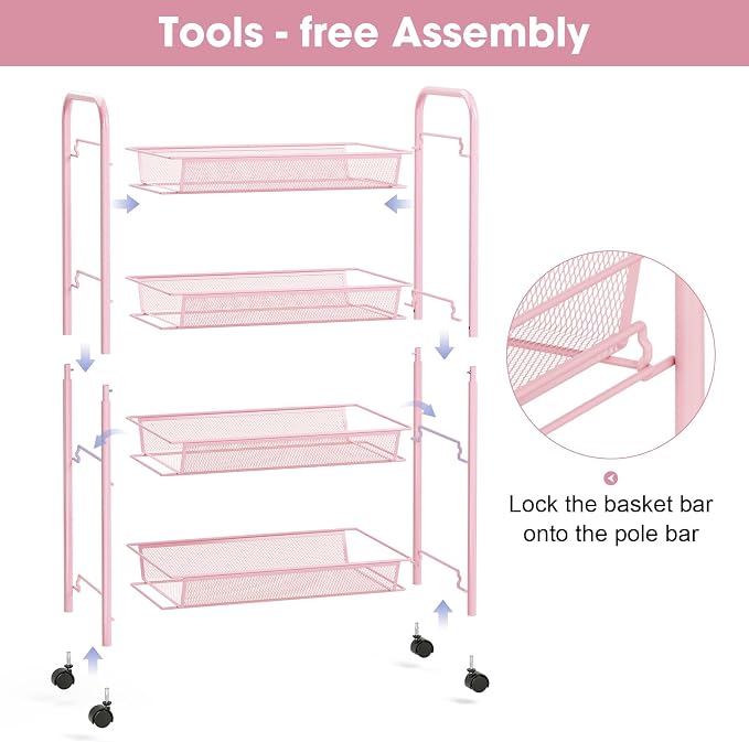 TOOLF 4 Tier Rolling Cart, Metal Utility Storage Cart with Wheels, Pink | 3 Hooks, Screwless Assembly, Trolley Organizer for Bathroom, Kitchen, Office, Nursery, Dorm, Laundry Room