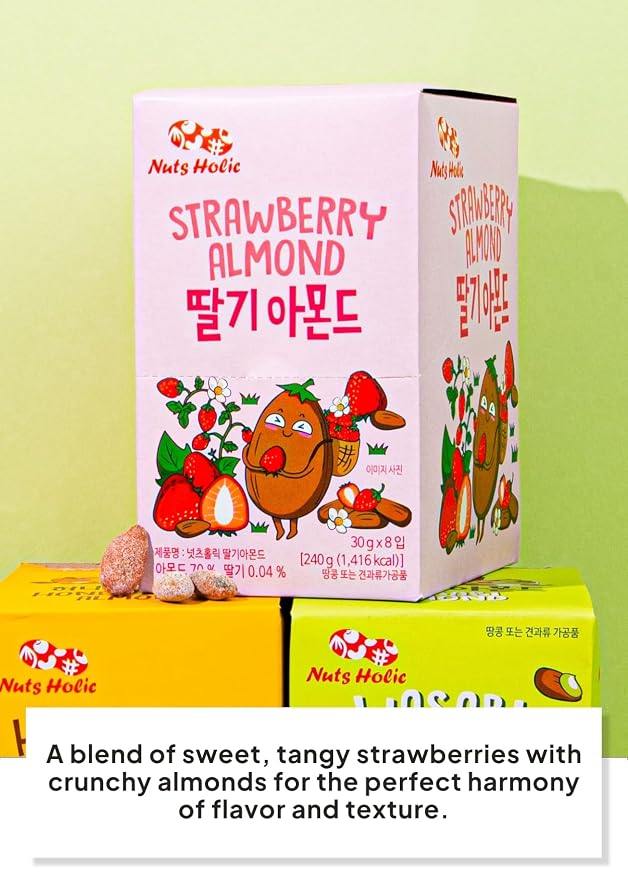 Korean Food Nuts Holic Strawberry Almond, Sweet Seasoned, Snack Mix, 8Pk | Sweet strawberry-flavored seasoned almond snack in convenient individual packs