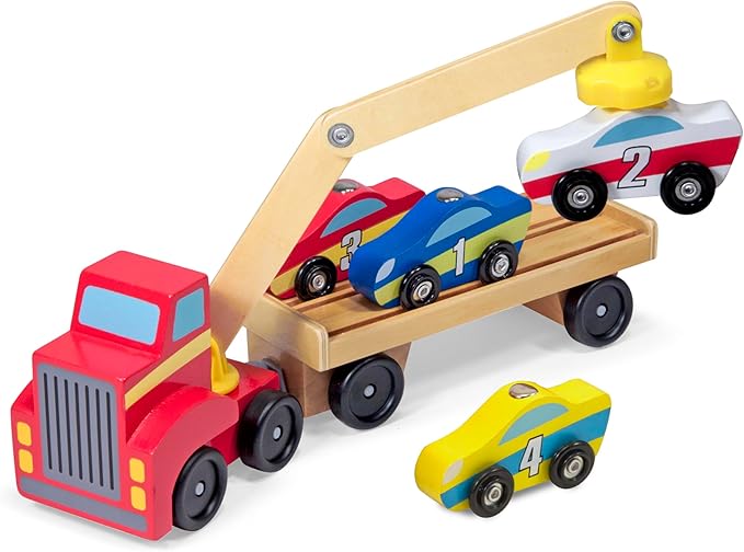 Melissa & Doug Magnetic Car Loader Wooden Toy Set with 4 Cars and Toy Truck - Pretend Play and Race Car Fun for Preschool Toys, Ages 3+