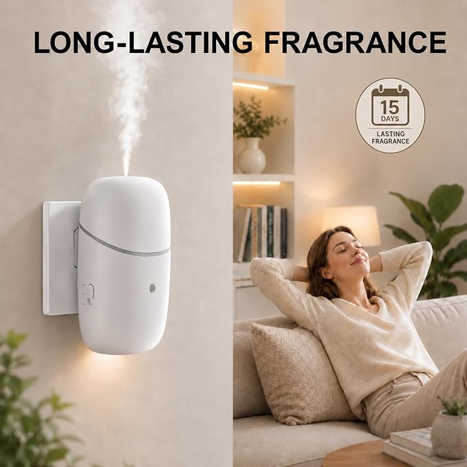 Waterless Diffuser, Quiet Essential Oil Diffuser with Low/High Levels and Night Light, Plug in Diffuser with Timer, Wall Aromatherapy Diffuser for Home, Living Room, Bedroom, Bathroom, White