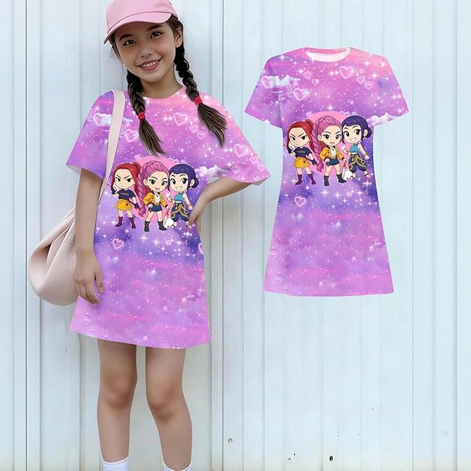 Girl's Anime K-POP Graphic Long Dress T-Shirt - Casual Loose Fit Short Sleeve Top