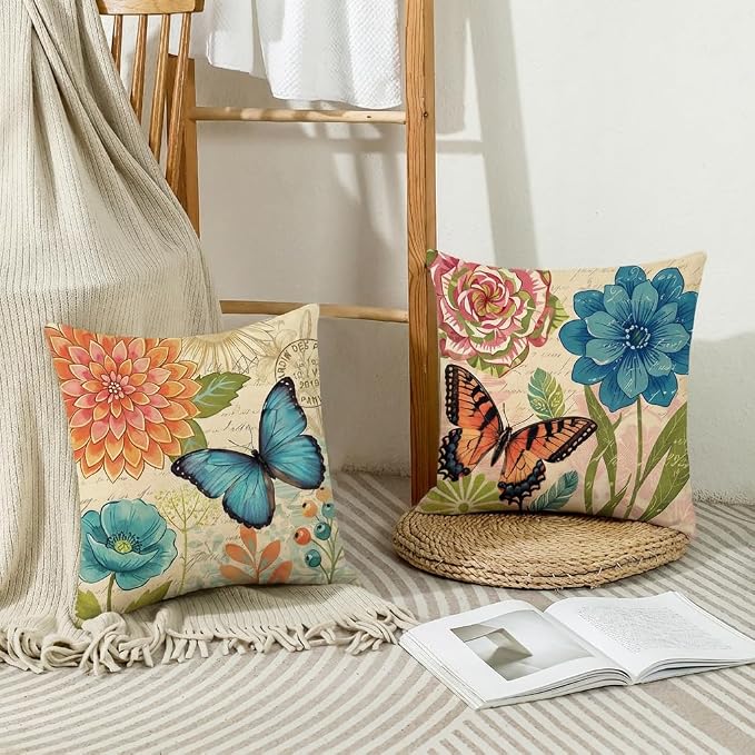 wyooxoo Spring Summer Pillow Covers 20x20 Set of 4 Farmhouse Throw Pillow Covers Linen Flower Butterfly Decorative Pillowcases for Sofa Couch Living Room Outdoor
