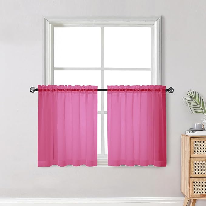 OWENIE Short Hot Pink Sheer Curtains 30 Inch Length 2 Panels Set, Kitchen Curtains Tiers Light Filtering Rod Pocket Cafe Curtain for Basement Bathroom Small Half Window, 42" W x 30" L, Hot Pink