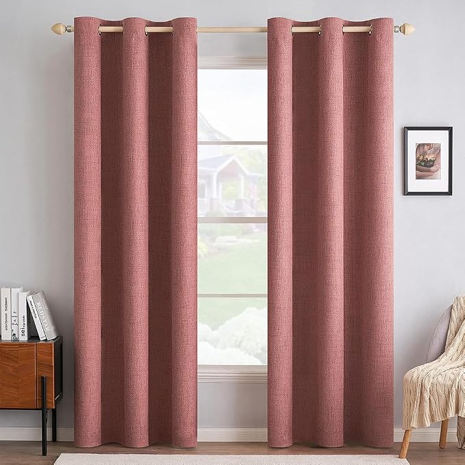 MIULEE 100% Blackout Linen Textured Curtains for Bedroom Solid Thermal Insulated Dusty Rose Grommet Room Darkening Curtains & Drapes Luxury Decor for Living Room 42 x 90 Inch (2 Panels)