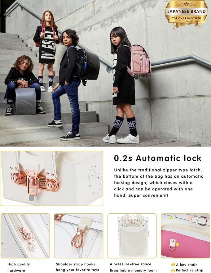 IwaiLoft Ransel Randoseru Backpack Automatic Satchel Japanese School Bag Cherry Blossom Sakura Embroidery PU Bookbag (Green)