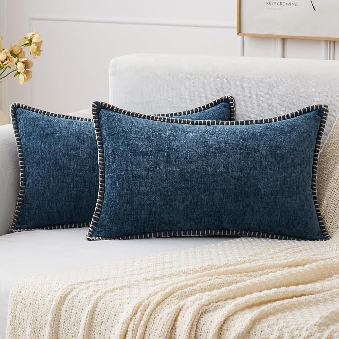 MIULEE Decorative Lumbar Throw Pillow Covers 12x20 Inch Dark Blue 2 Pack | Farmhouse Pillow Covers with Stitched Edge, Soft Chenille Cushion Cases, for Couch Sofa Bed Living Room Home Decor